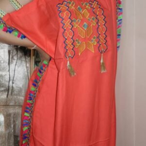 Orange Moroccan Gandoura - Traditional Embroidery