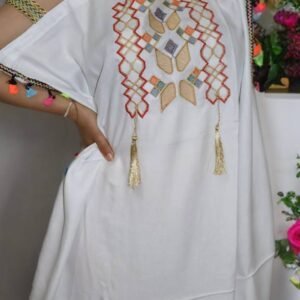 White Moroccan Gandoura - Traditional Embroidery