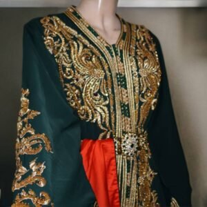 Emergreen Moroccan Caftan - Handmade Gold Embroidery